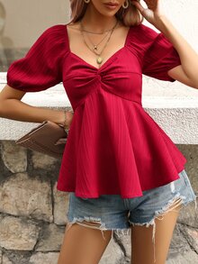 SHEIN VCAY Twist Front Puff Sleeve Peplum Blouse - Red - View 3