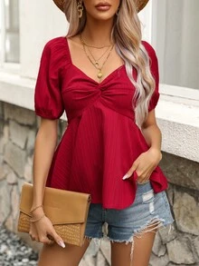 SHEIN VCAY Twist Front Puff Sleeve Peplum Blouse - Red - View 6