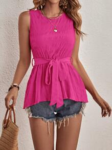 SHEIN LUNE Áo sơ mi nữ Thắt lưng màu trơn Giải trí - Màu Hồng Tươi - Xem 3