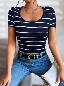 SHEIN Essnce Striped Scoop Neck Tee - Navy Blue - View 3