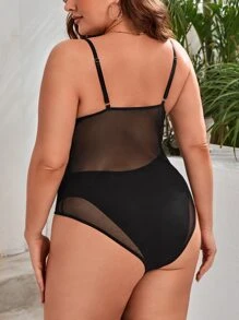 SHEIN Privé Áo liền quần chặt Kích thước lớn Tương phản ren cắt Tương phản Mesh màu trơn Gợi cảm - màu đen - Xem 2