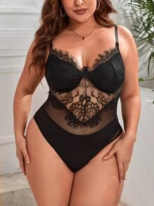 SHEIN Privé Áo liền quần chặt Kích thước lớn Tương phản ren cắt Tương phản Mesh màu trơn Gợi cảm - màu đen - Xem 5