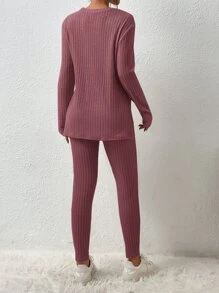 SHEIN Essnce Solid Split Hem Tee & Leggings - Purple - View 2