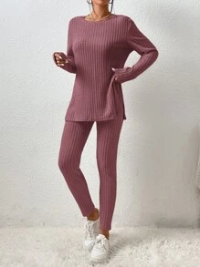 SHEIN Essnce Solid Split Hem Tee & Leggings - Purple - View 3