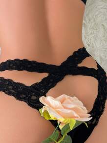 Bragas con encaje en contraste de malla - Negro - Ver 1