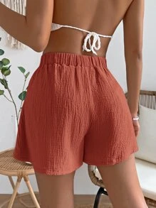 SHEIN VCAY Tie Waist Solid Shorts - Redwood - View 2