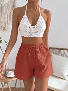 SHEIN VCAY Tie Waist Solid Shorts - Redwood - View 3