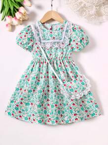 小女童碎花蕾絲拼接泡泡袖洋裝附包