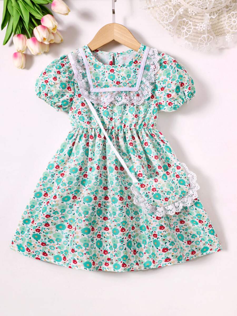 小女童碎花蕾絲拼接泡泡袖洋裝附包