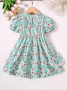 小女童碎花蕾絲拼接泡泡袖洋裝附包