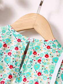 小女童碎花蕾絲拼接泡泡袖洋裝附包