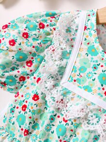 小女童碎花蕾絲拼接泡泡袖洋裝附包