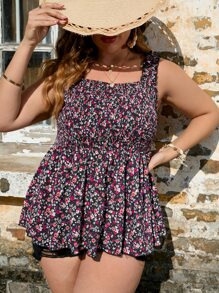 SHEIN VCAY 大碼碎花褶邊打褶寬肩帶上衣 - 彩色 - 查看 5