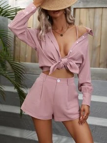 Chiquease Solid Cami Top & Shorts & Button Front Shirt - Dusty Pink - View 5
