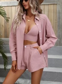 Chiquease Solid Cami Top & Shorts & Button Front Shirt - Dusty Pink - View 6