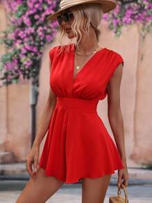 Breezaya Solid Fold Pleated Detail Tie Backless Romper - Red - View 6