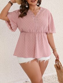 SHEIN LUNE Plus Swiss Dot Contrast Lace Peplum Blouse - Pink - View 5