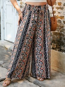 SHEIN VCAY Plus Paisley Print Knot Paperbag Waist Wide Leg Trousers - Multicolor - View 6