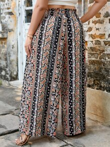 SHEIN VCAY Plus Paisley Print Knot Paperbag Waist Wide Leg Trousers - Multicolor - View 2