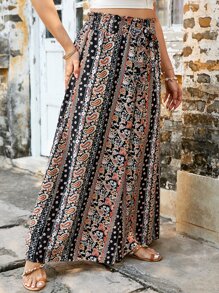 SHEIN VCAY Plus Paisley Print Knot Paperbag Waist Wide Leg Trousers - Multicolor - View 3