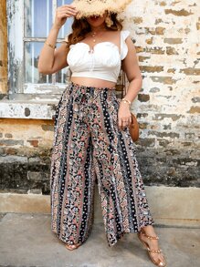 SHEIN VCAY Plus Paisley Print Knot Paperbag Waist Wide Leg Trousers - Multicolor - View 4