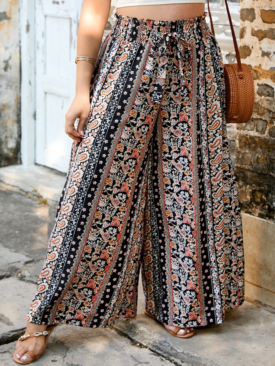 SHEIN VCAY Plus Paisley Print Knot Paperbag Waist Wide Leg Trousers - Multicolor - View 1