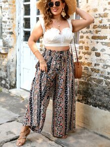 SHEIN VCAY Plus Paisley Print Knot Paperbag Waist Wide Leg Trousers - Multicolor - View 7