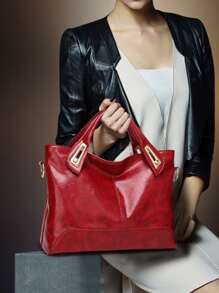 復古設計手提托特包 - 酒紅色 - 查看 2