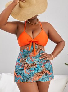 SHEIN Slayr Bãi biển mùa hè Plus Size Váy bơi in hình nút thắt nhiệt đới phía trước - Nhiều màu - Xem 1