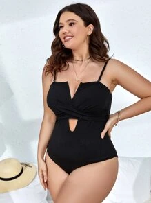Plus Cut Out Crisscross Front One Piece Swimsuit - Black - View 5