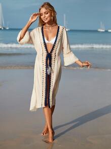 Swim Vcay Kimono Nữ Xù Thắt nơ trước Khối Màu - Màu be - Xem 4