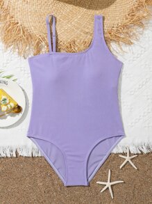 Chicas Bañador una pieza tejido de canalé de cuello asimétrico - Morado - Ver 5