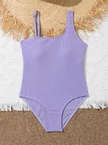 Chicas Bañador una pieza tejido de canalé de cuello asimétrico - Morado - Ver 1