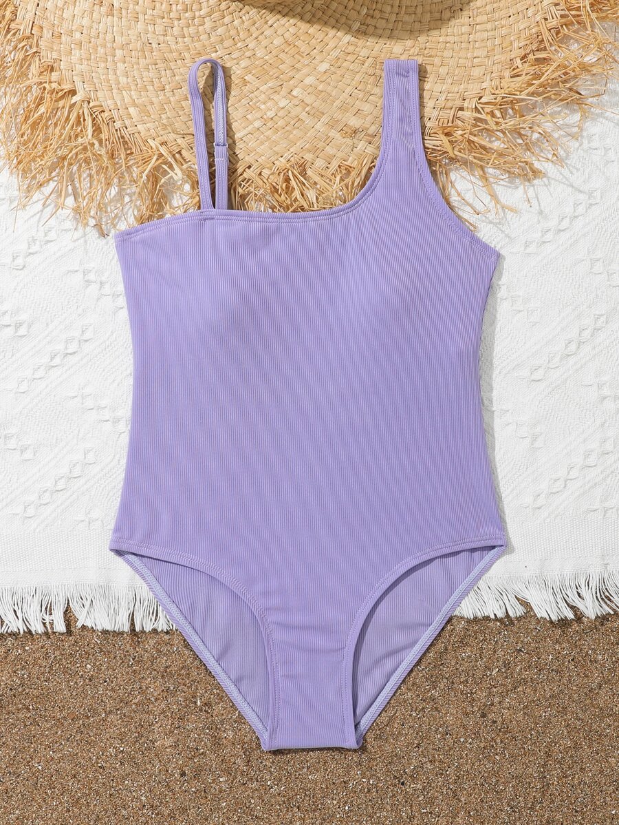 Chicas Bañador una pieza tejido de canalé de cuello asimétrico - Morado - Ver 1