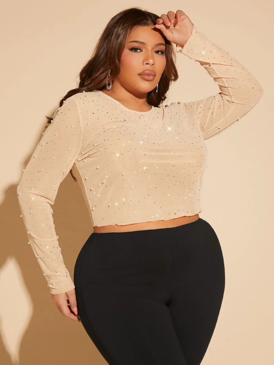 SHEIN SXY Plus Rhinestone Pearls Beaded Crop Mesh Top - Apricot - View 1