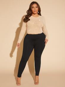 SHEIN SXY Plus Rhinestone Pearls Beaded Crop Mesh Top - Apricot - View 4