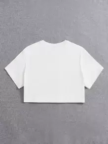 Candy Lien Production Artist Letter Graphic Crop Tee, For Summer, 100% Cotton, Holiday, For Vacation - White - View 3