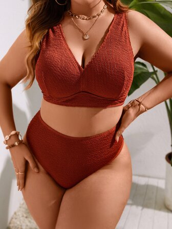 SHEIN Swim Curve พลัส ชุดว่ายน้ำบิกินี่ สีพื้น เอวสูง