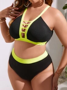 SHEIN Swim Curve 加大罗纹针织比基尼套装撞色绑带镂空无钢圈文胸上衣和高腰比基尼下装两件套泳衣，适合夏季海滩度假 - 黑色 - 查看 4