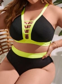 SHEIN Swim Curve 加大罗纹针织比基尼套装撞色绑带镂空无钢圈文胸上衣和高腰比基尼下装两件套泳衣，适合夏季海滩度假 - 黑色 - 查看 5