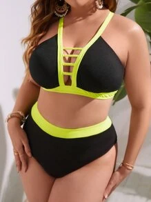 SHEIN Swim Curve 加大罗纹针织比基尼套装撞色绑带镂空无钢圈文胸上衣和高腰比基尼下装两件套泳衣，适合夏季海滩度假 - 黑色 - 查看 6