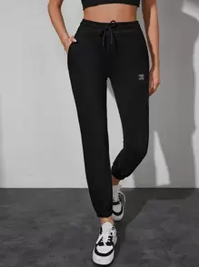 RueChic Letter Patched Detail Drawstring Waist Joggers - Black - View 1