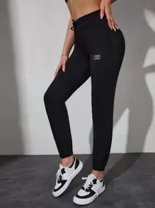 RueChic Letter Patched Detail Drawstring Waist Joggers - Black - View 3