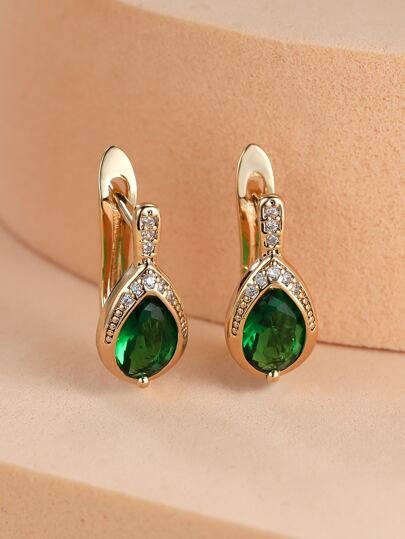 1 par de pendientes de clip minimalistas y elegantes con circonita cúbica verde, diseño de gota de ángel lindo, accesorio de moda para bodas y fiestas