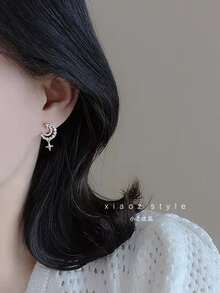 Rhinestone Moon & Star Decor Drop Earrings - Yellow Gold - View 2