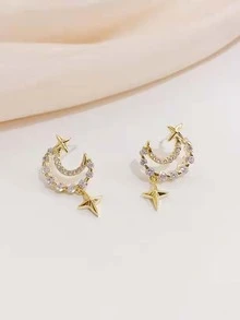 Rhinestone Moon & Star Decor Drop Earrings - Yellow Gold - View 3