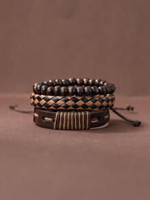 3pcs Men Bead Decor Bracelet - Brown - View 2