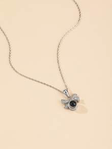 Rhinestone Bow Charm Necklace - Silver - View 1