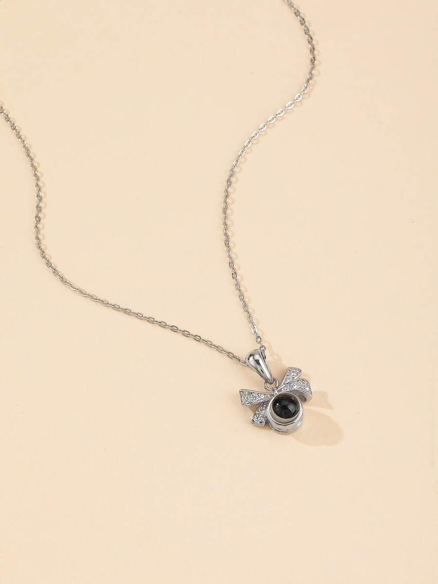Rhinestone Bow Charm Necklace - Silver - View 1