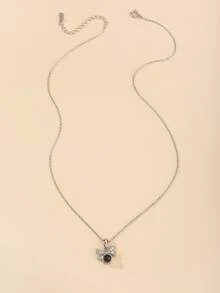 Rhinestone Bow Charm Necklace - Silver - View 3